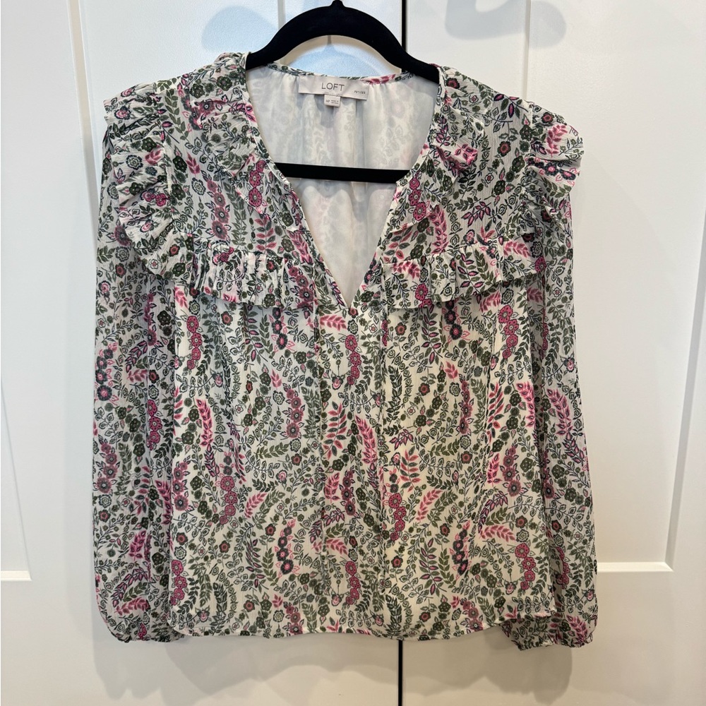 LOFT Pink and Green Floral Ruffle Blouse
